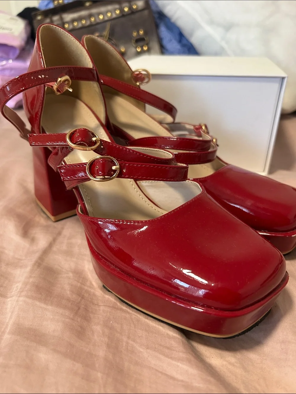 Women's Red High Block Heel Mary Jane Pumps